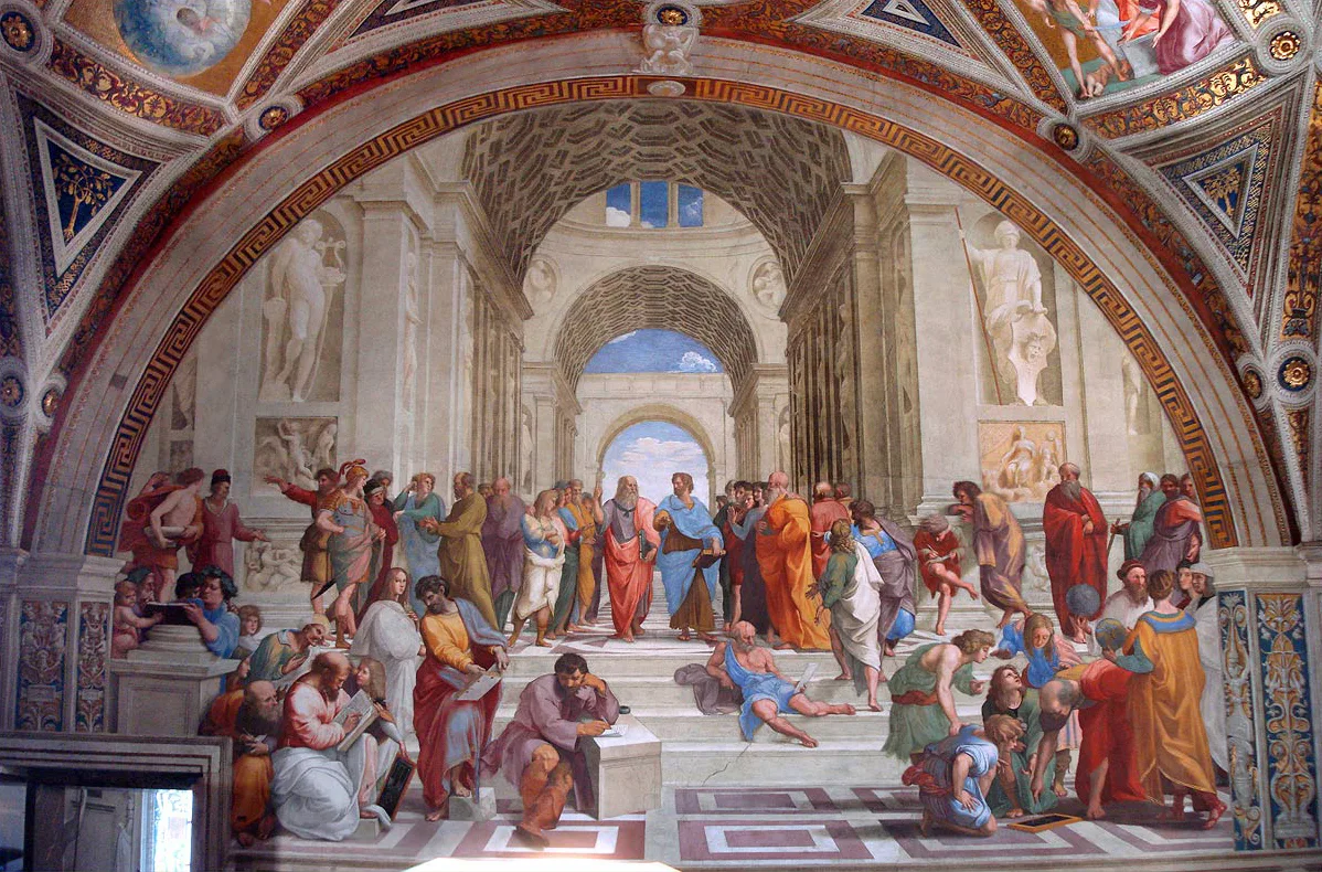 A Escola de Atenas, pintura de filósofos reunidos em um salão clássico